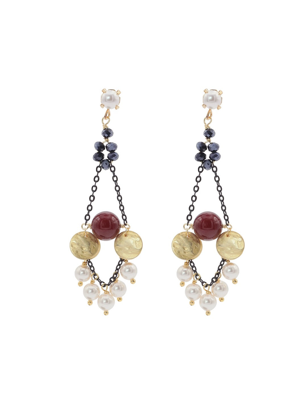 Pair of earrings with white pearls, dark chain and gold discs on a white background