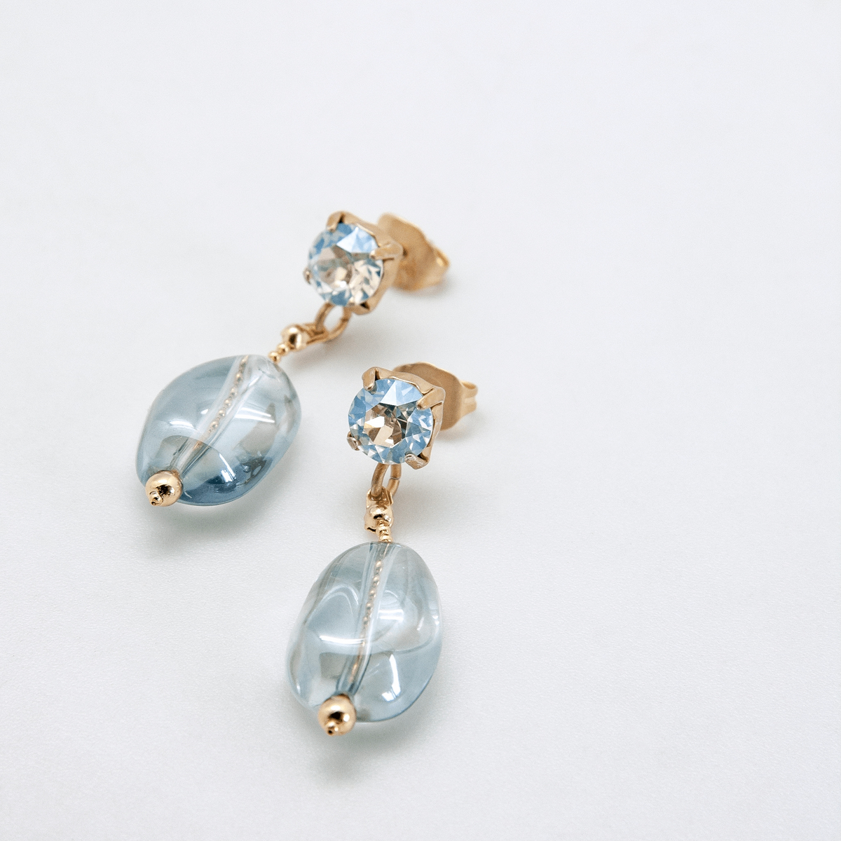 Blue glass nugget drop earrings with rhinestone stud posts