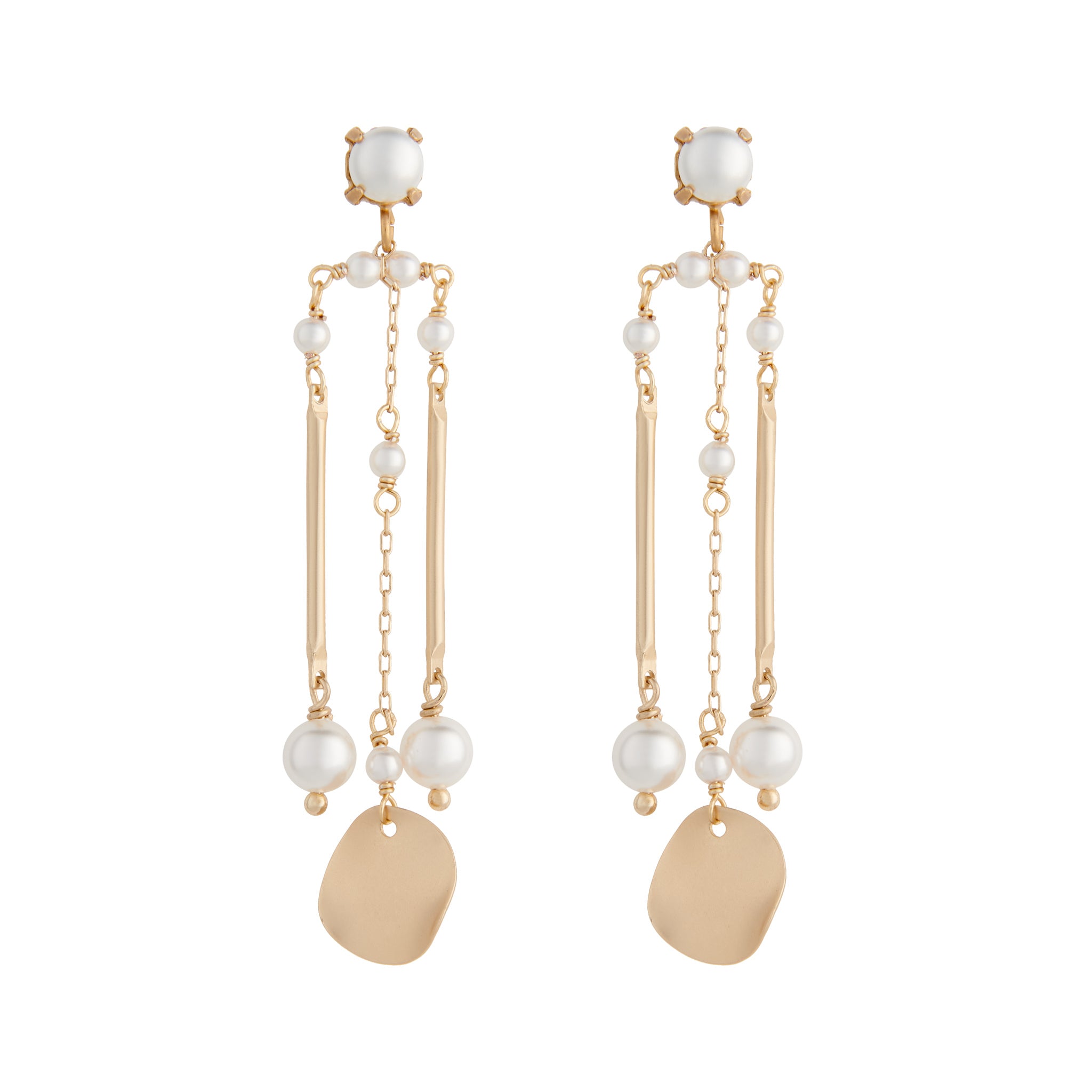 Matte gold column earrings with white pearls by vivien walsh