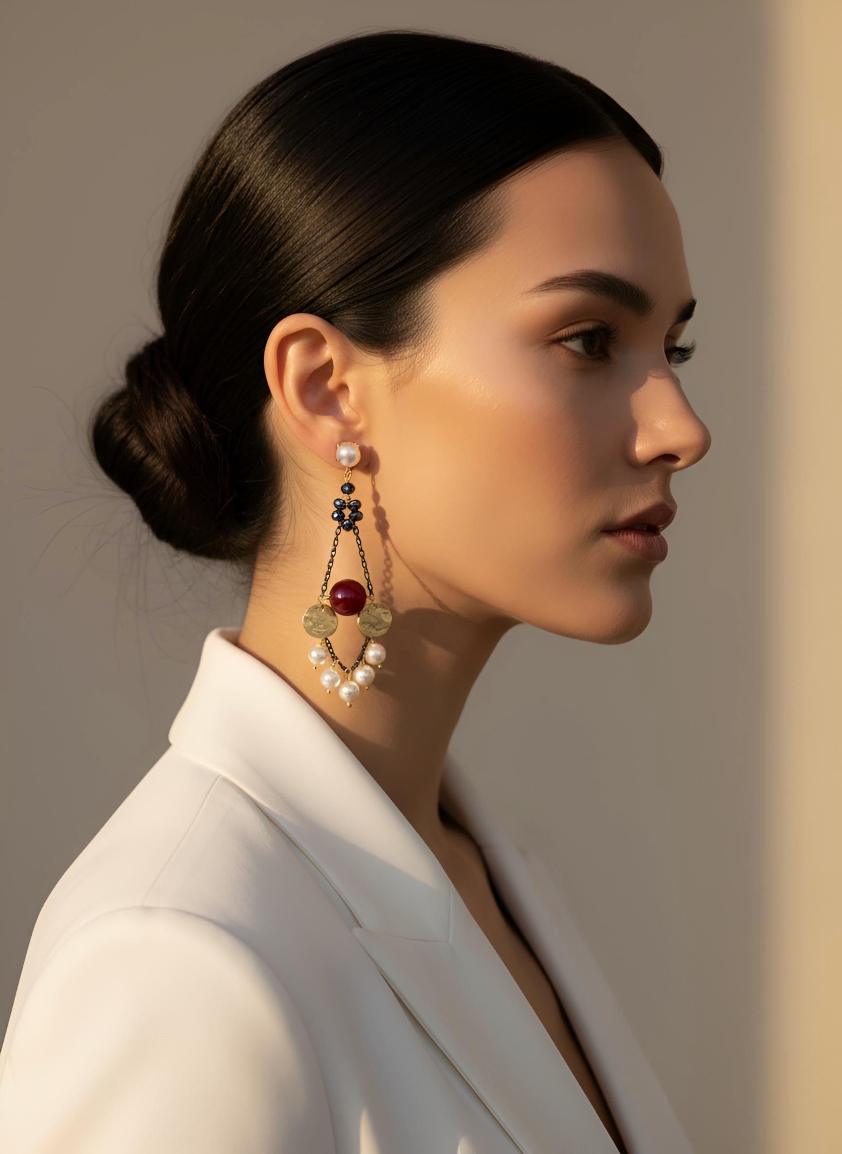 Woman wearing elegant earrings with a neutral background