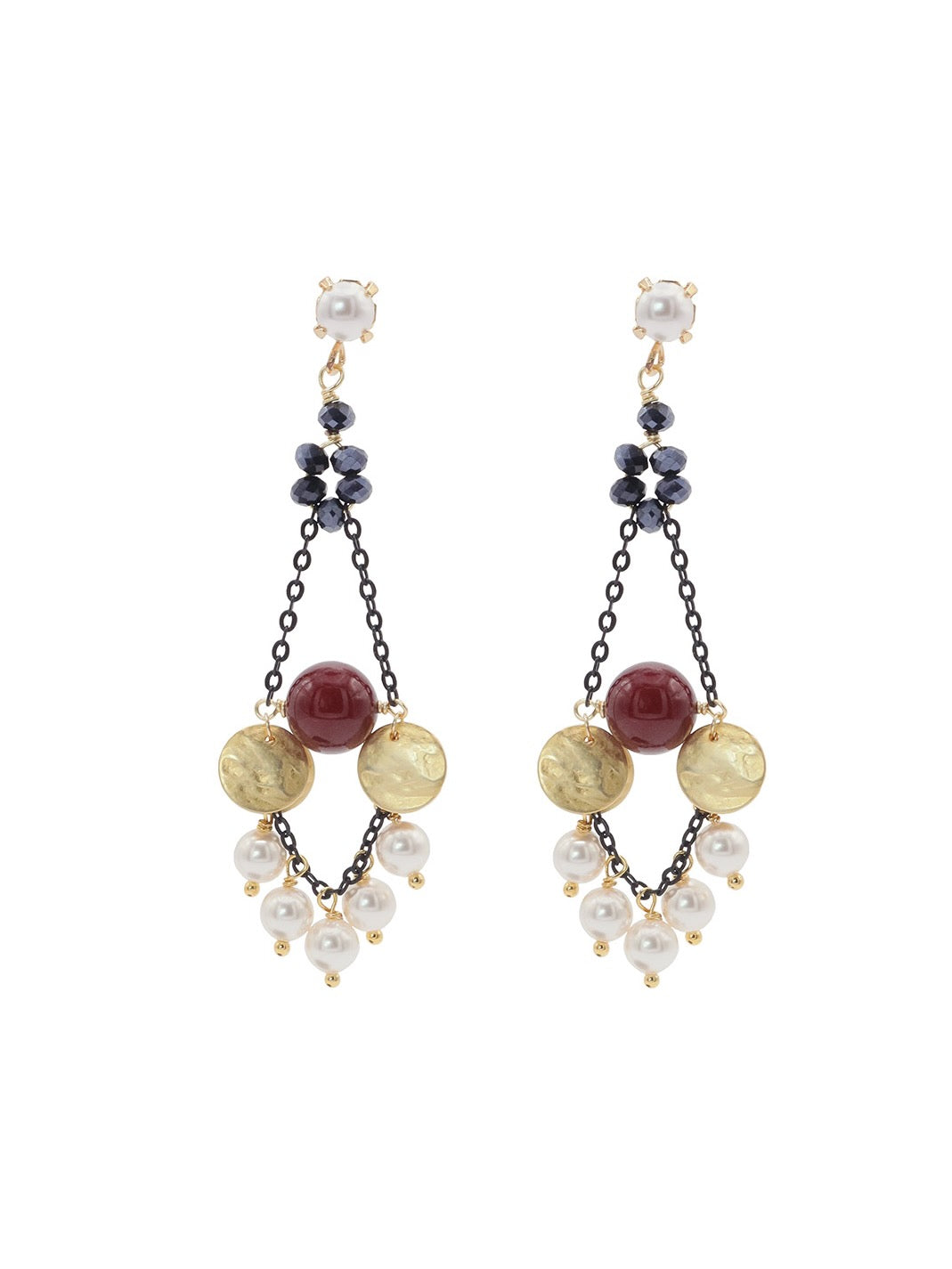 Pair of earrings with white pearls, dark chain and gold discs on a white background