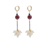 Pair of earrings with burgundy beads and pearl-like elements on a white background