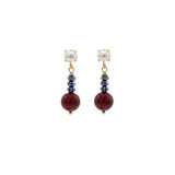 Pair of earrings with burgundy and jet  beads and pearl-like tops on a white background