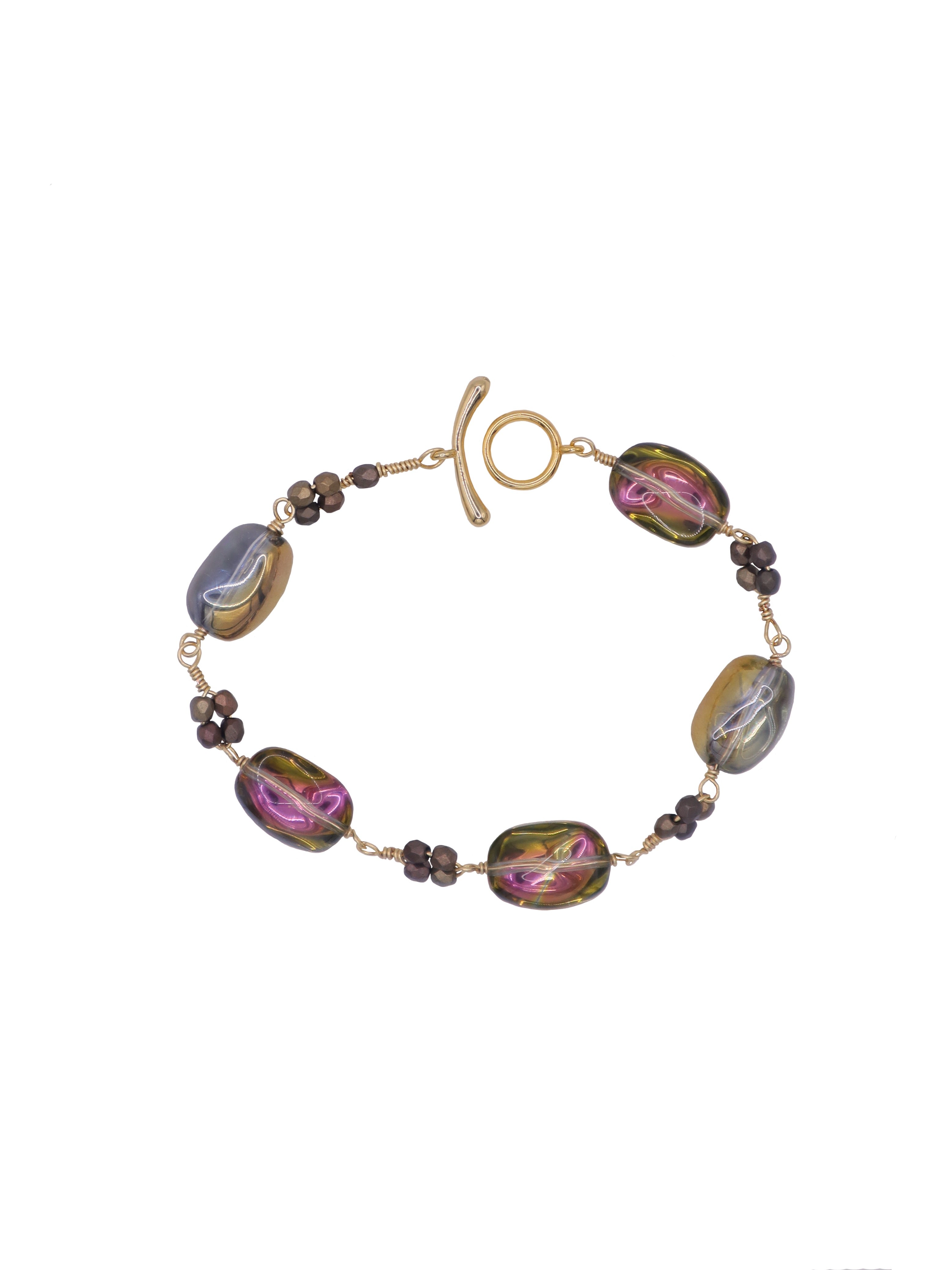 Bracelet with colorful beads and gold clasp on a white background