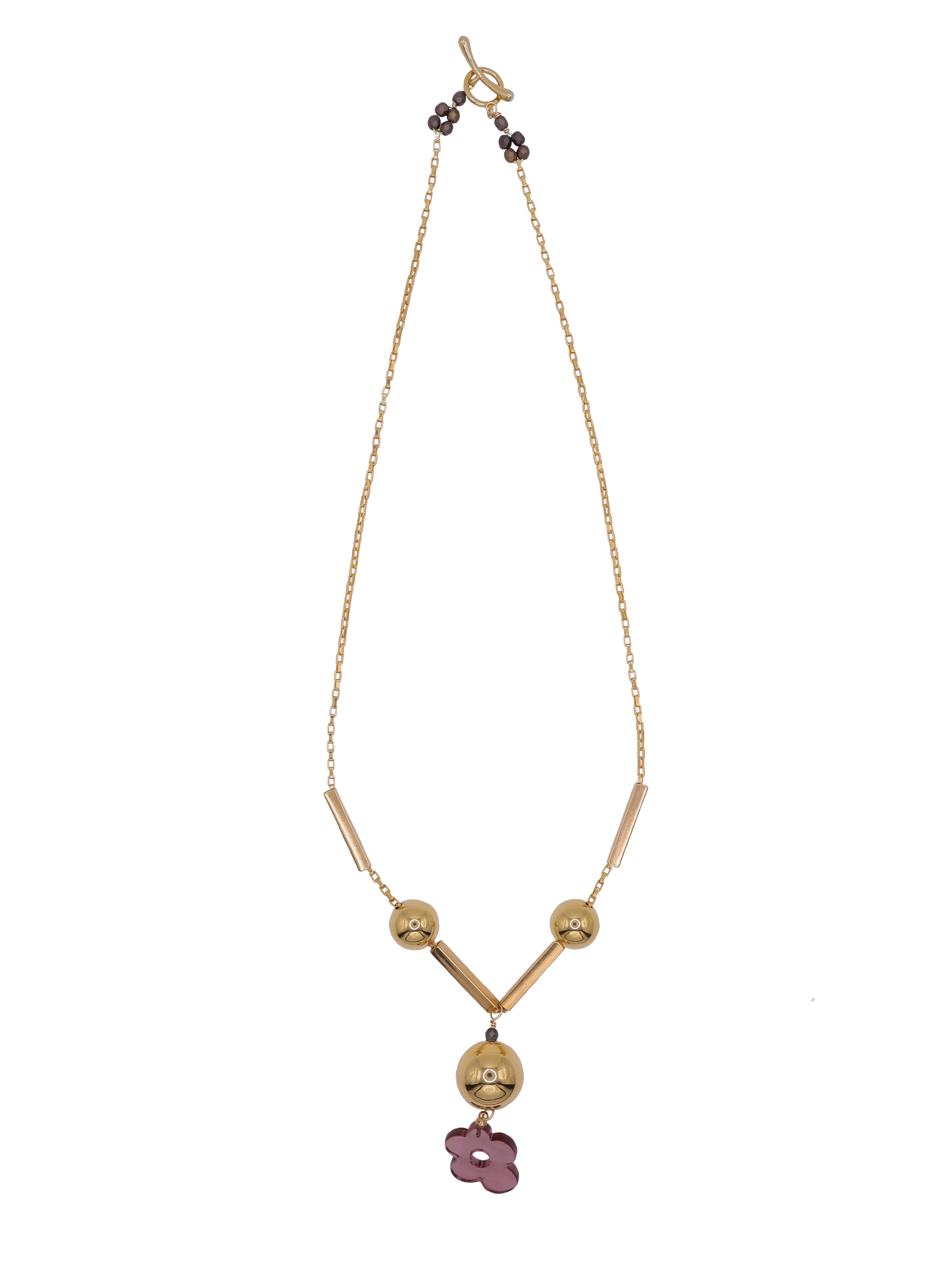 Gold necklace with pink flower on a white background