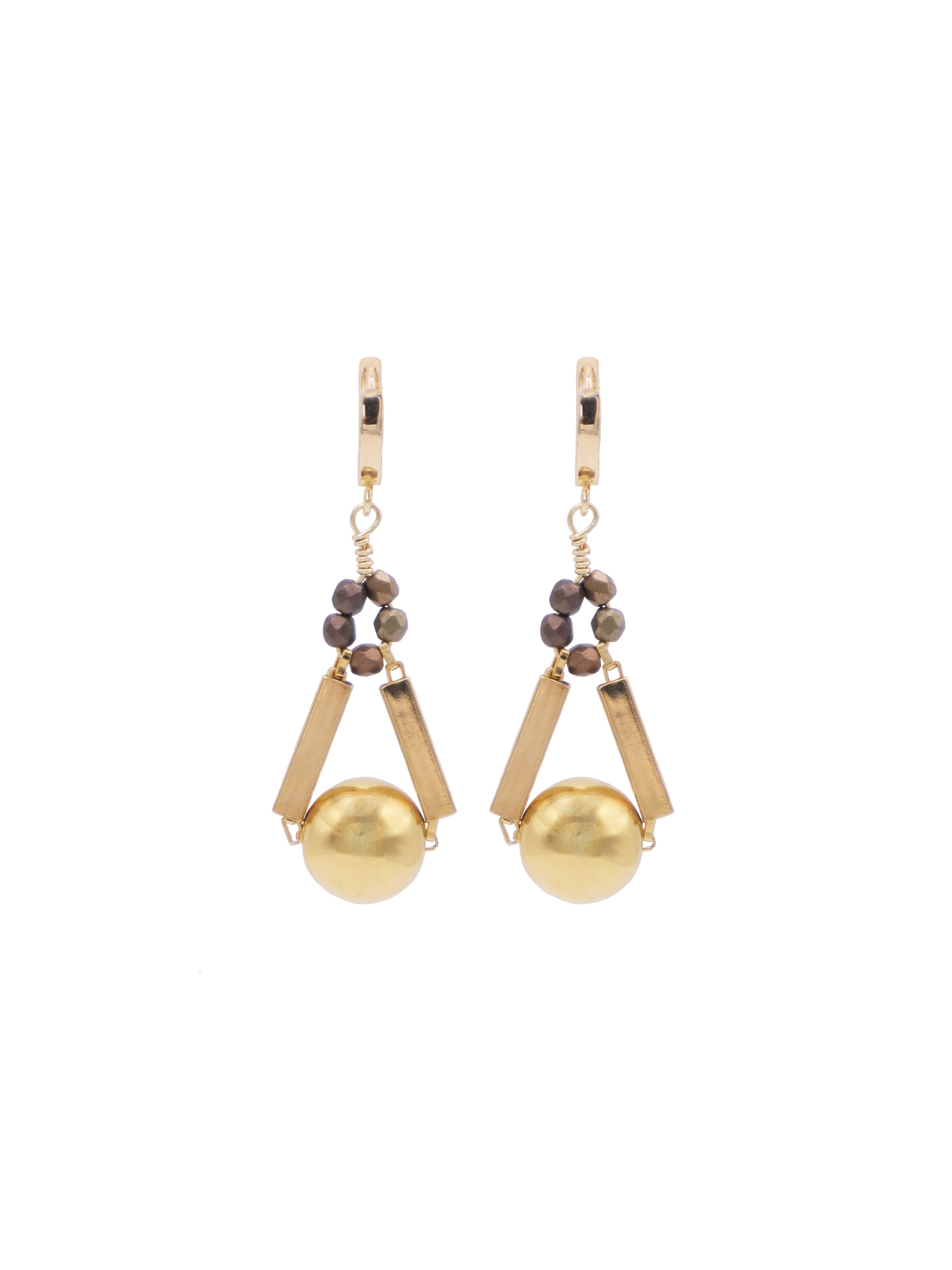 Gold earrings with bronze beads on a white background