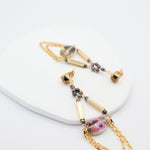 Statement double loop chain earrings with iridescent glass beads and gold bars