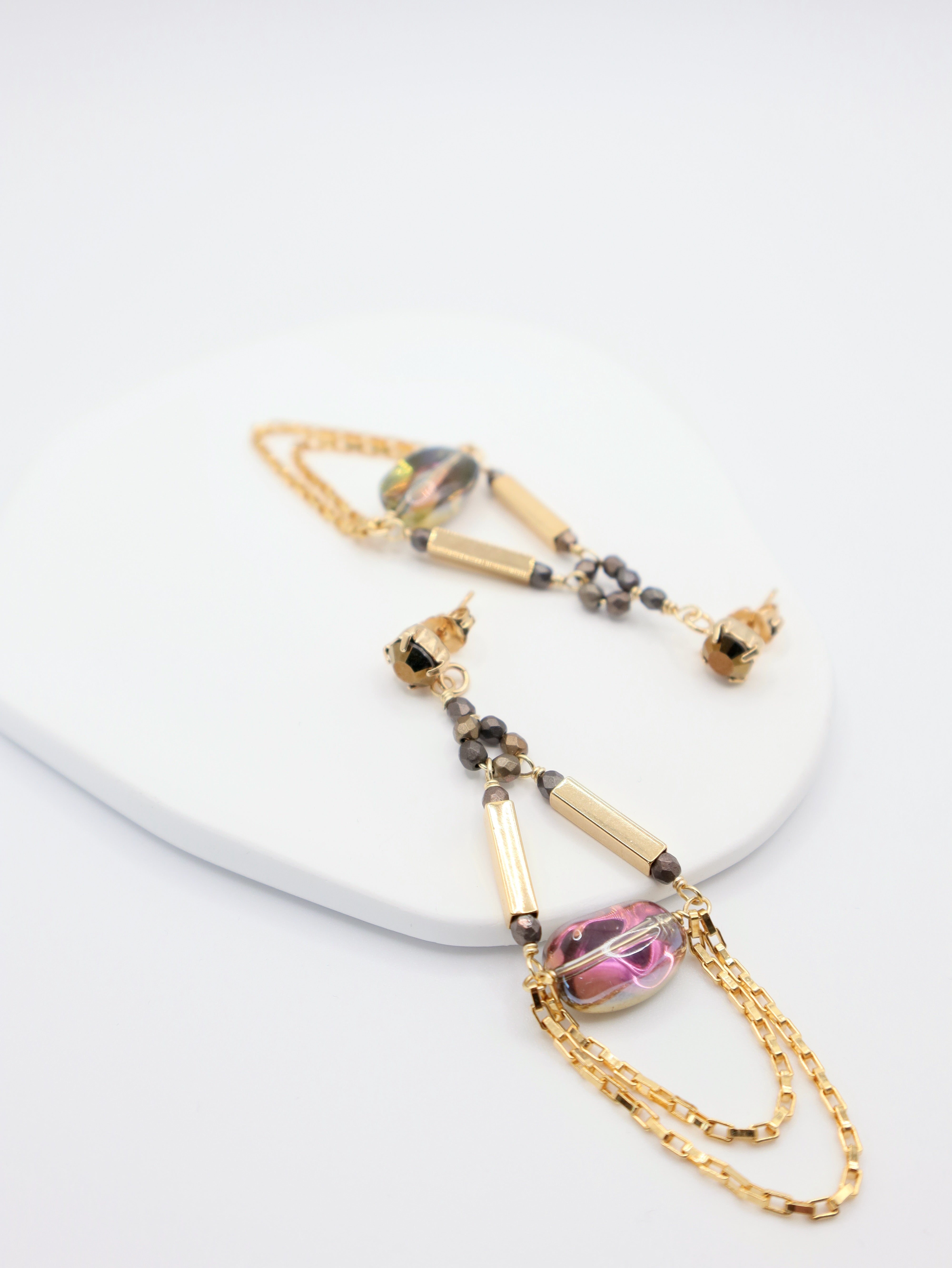 Statement double loop chain earrings with iridescent glass beads and gold bars