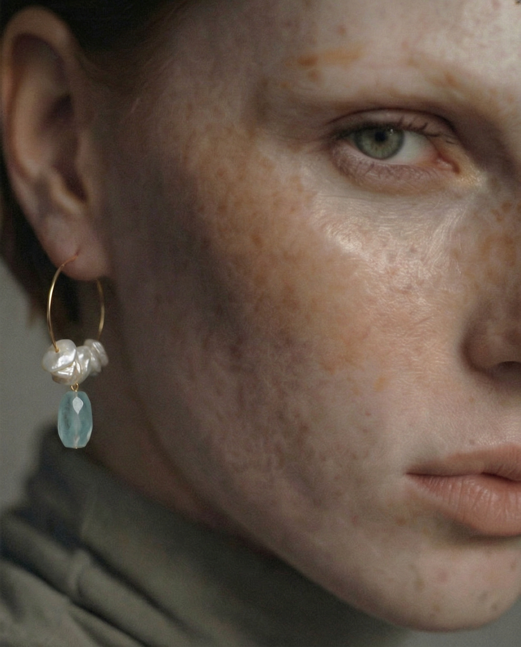 Close-up of a woman wearing gold hoop earrings with pearls and an aquamarine stone.