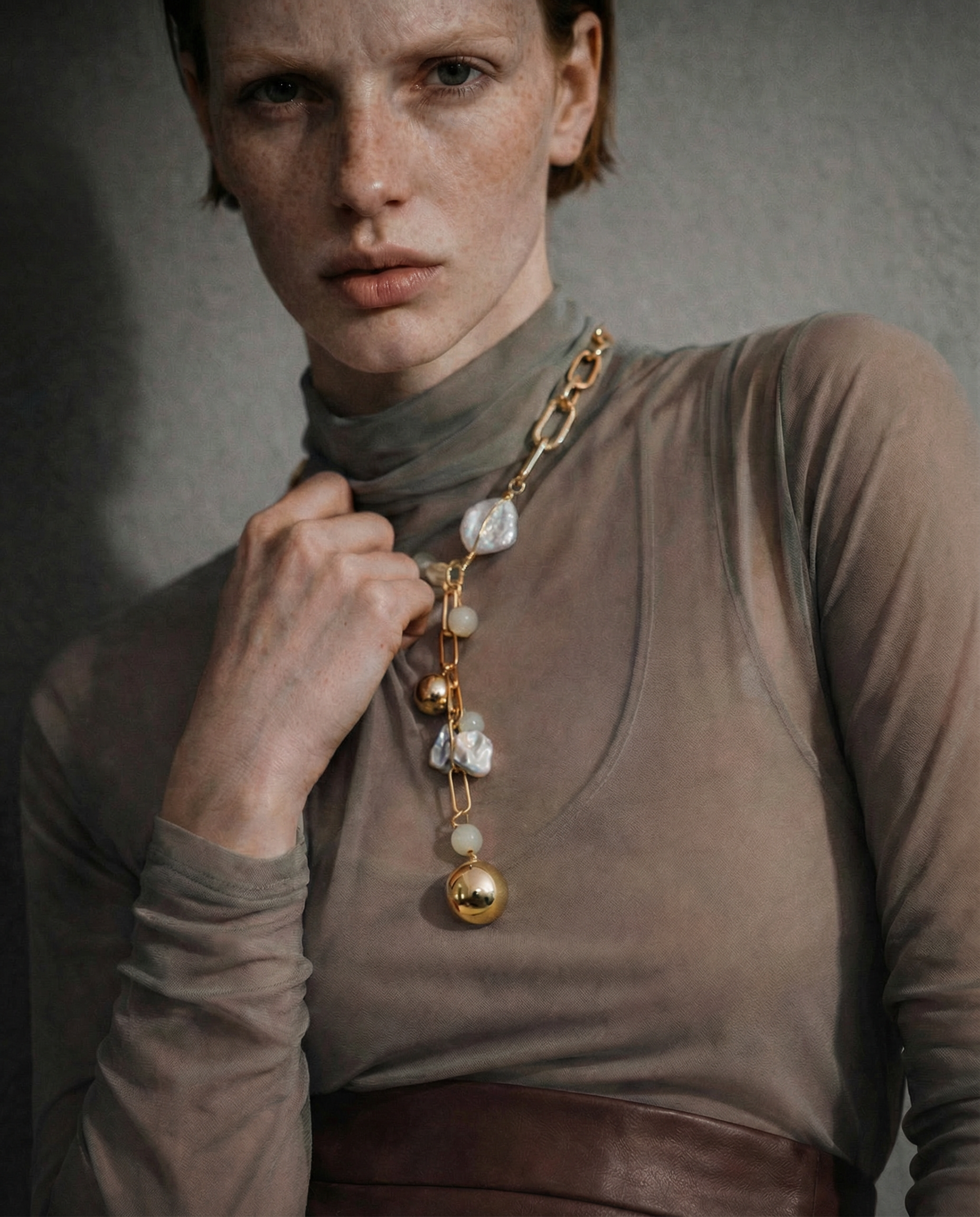 Woman wearing a gold necklace with spherical pendants and freshwater pearls against a neutral background