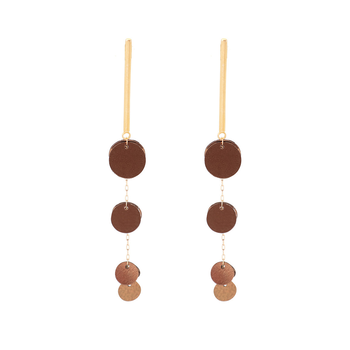 A pair of bronze-colored earrings with sequin discs and gold-filled chain, hanging from matte gold bar posts.
