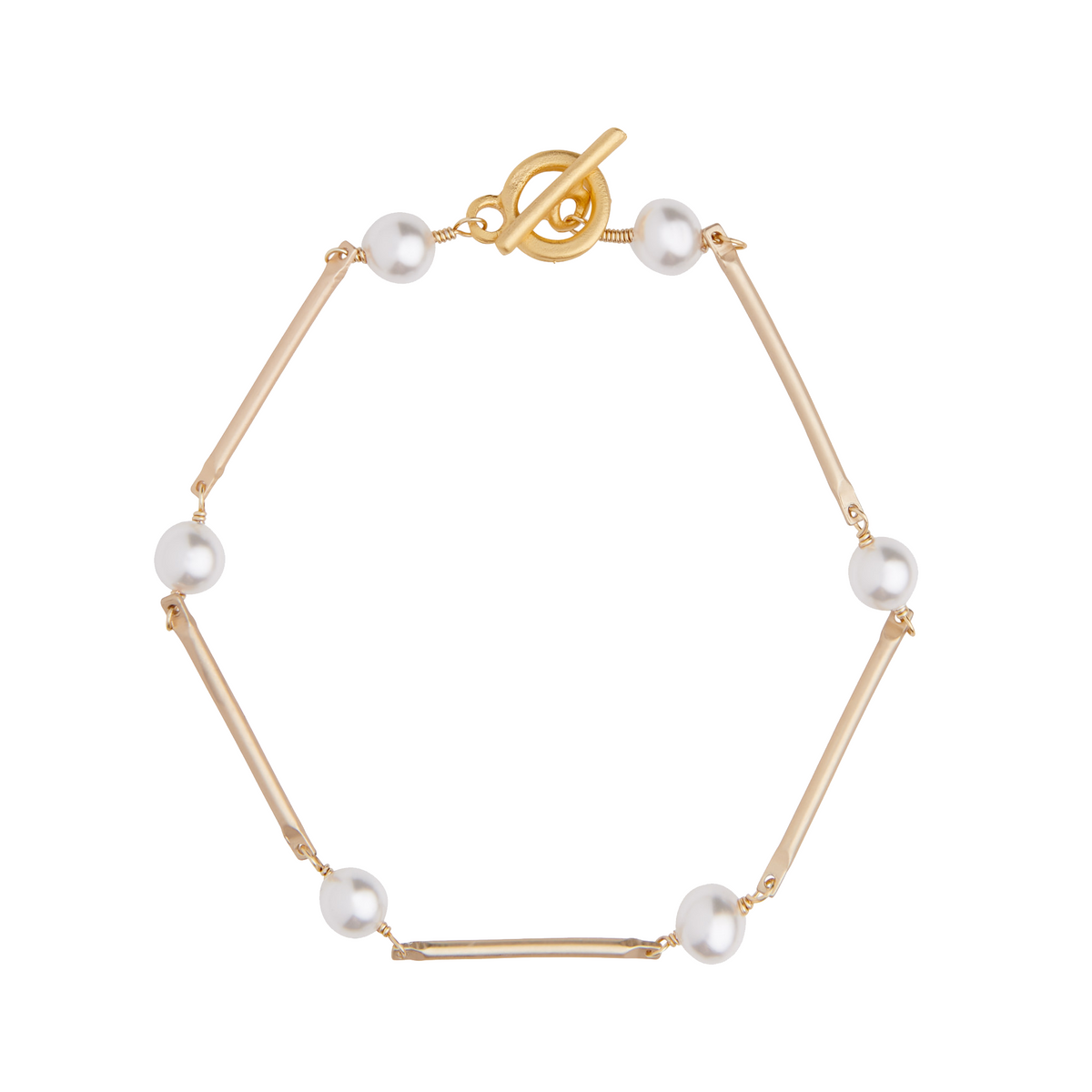matte gold bar bracelet with white Swarovski crystal pearls by vivien walsh