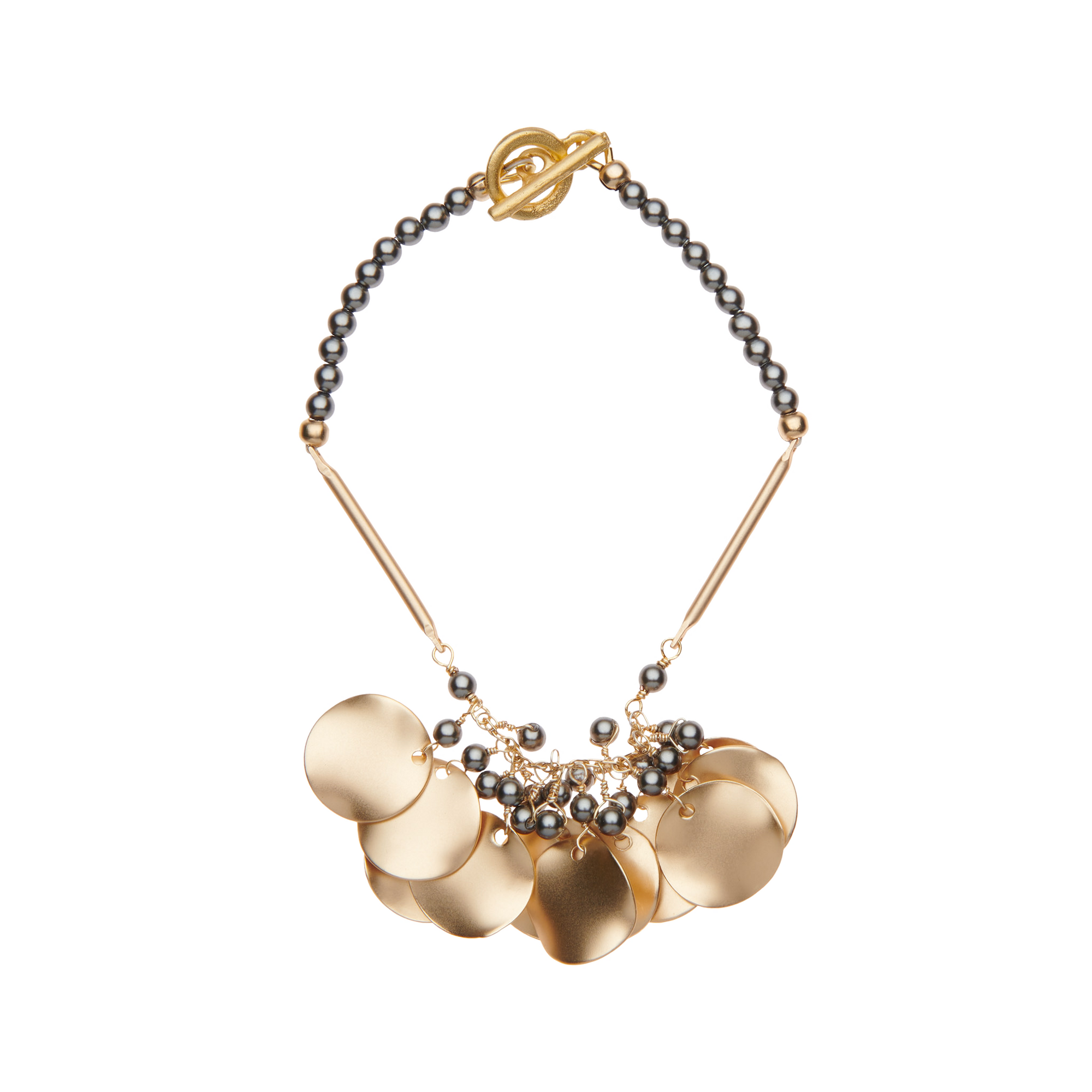 Matte gold cluster disc bracelet with grey pearls by Vivien Walsh