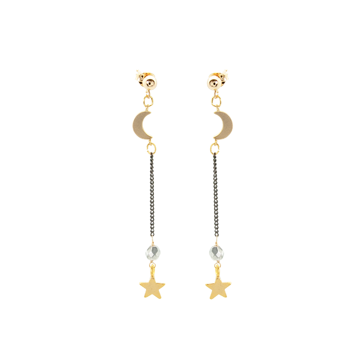 Crescent and star matte gold earrings with gunmetal chain by vivien walsh