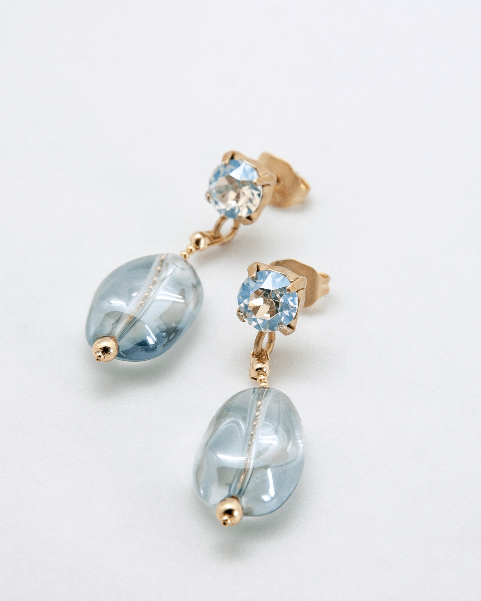 Blue glass nugget drop earrings with rhinestone stud posts