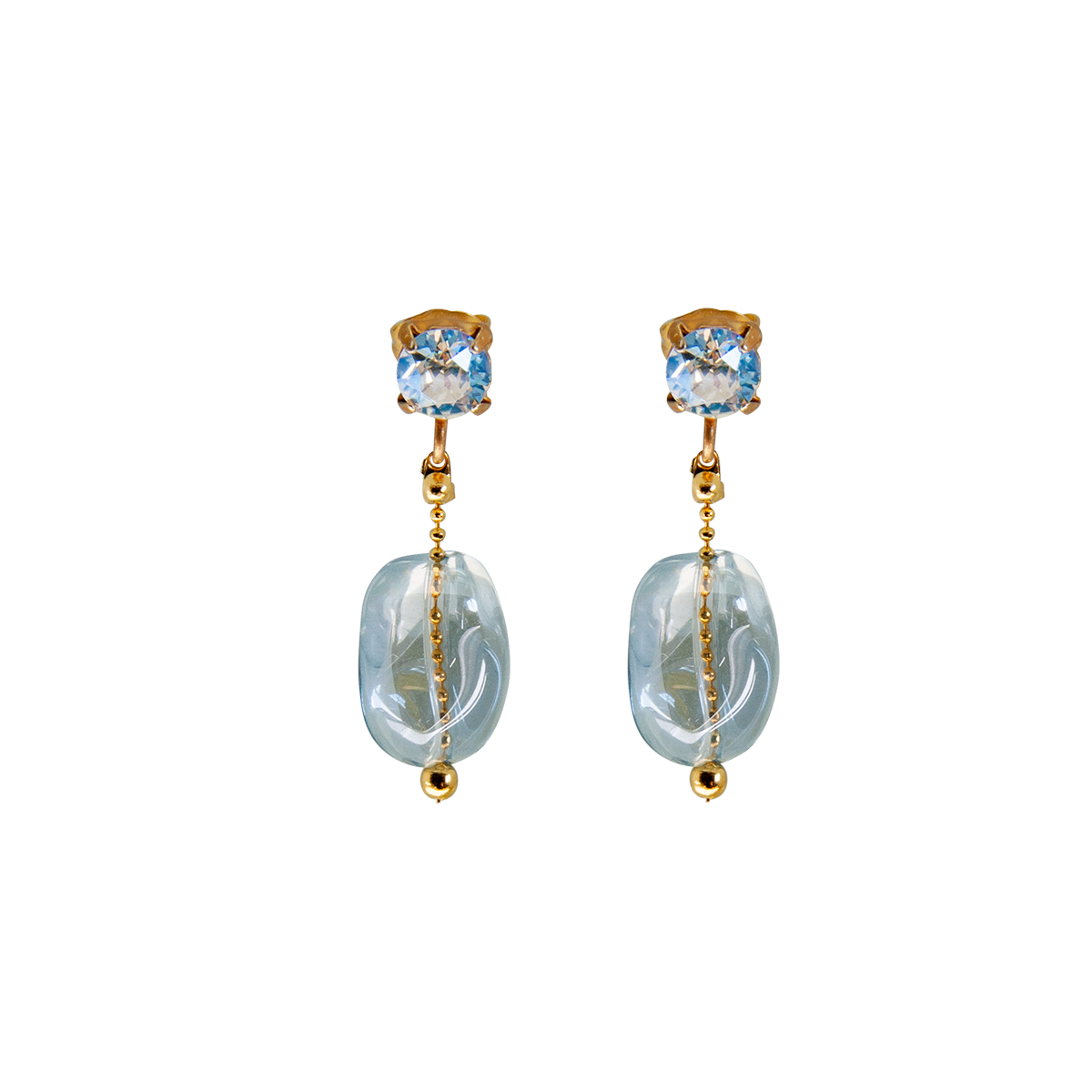 Pale blue glass nugget earrings hanging from sparkling rhinestone posts