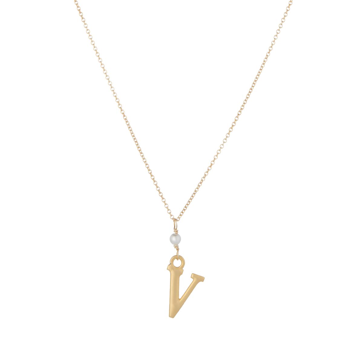 &quot;V&quot; Initial Charm Necklace with Pearl
