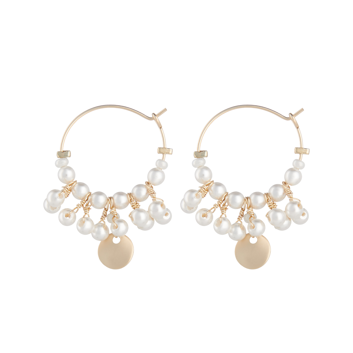 White pearl encrusted gold filled mini hoop earrings by Vivien Walsh
