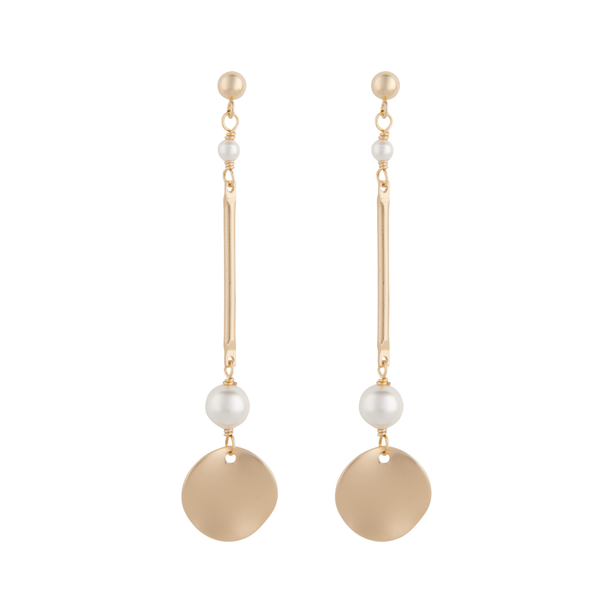 Matte gold plated bar disc earrings with white pearls by vivien walsh
