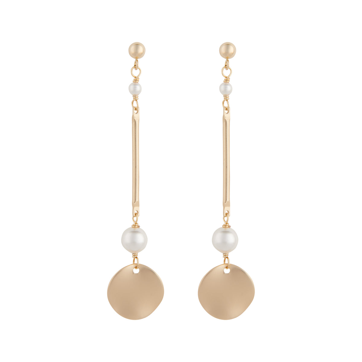 Matte gold plated bar disc earrings with white pearls by vivien walsh