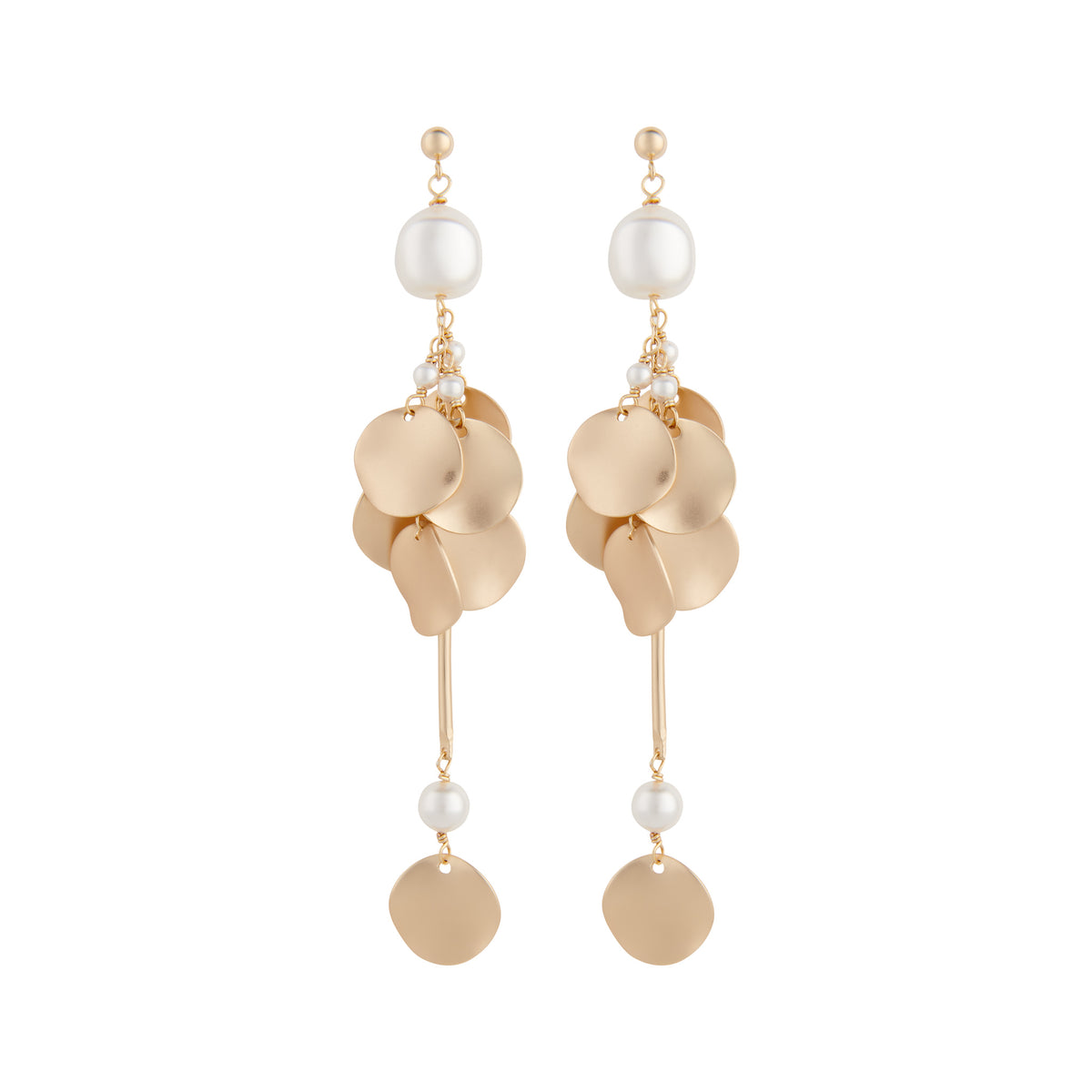 Matte gold ripple disc statement earrings with white pearls by vivien walsh