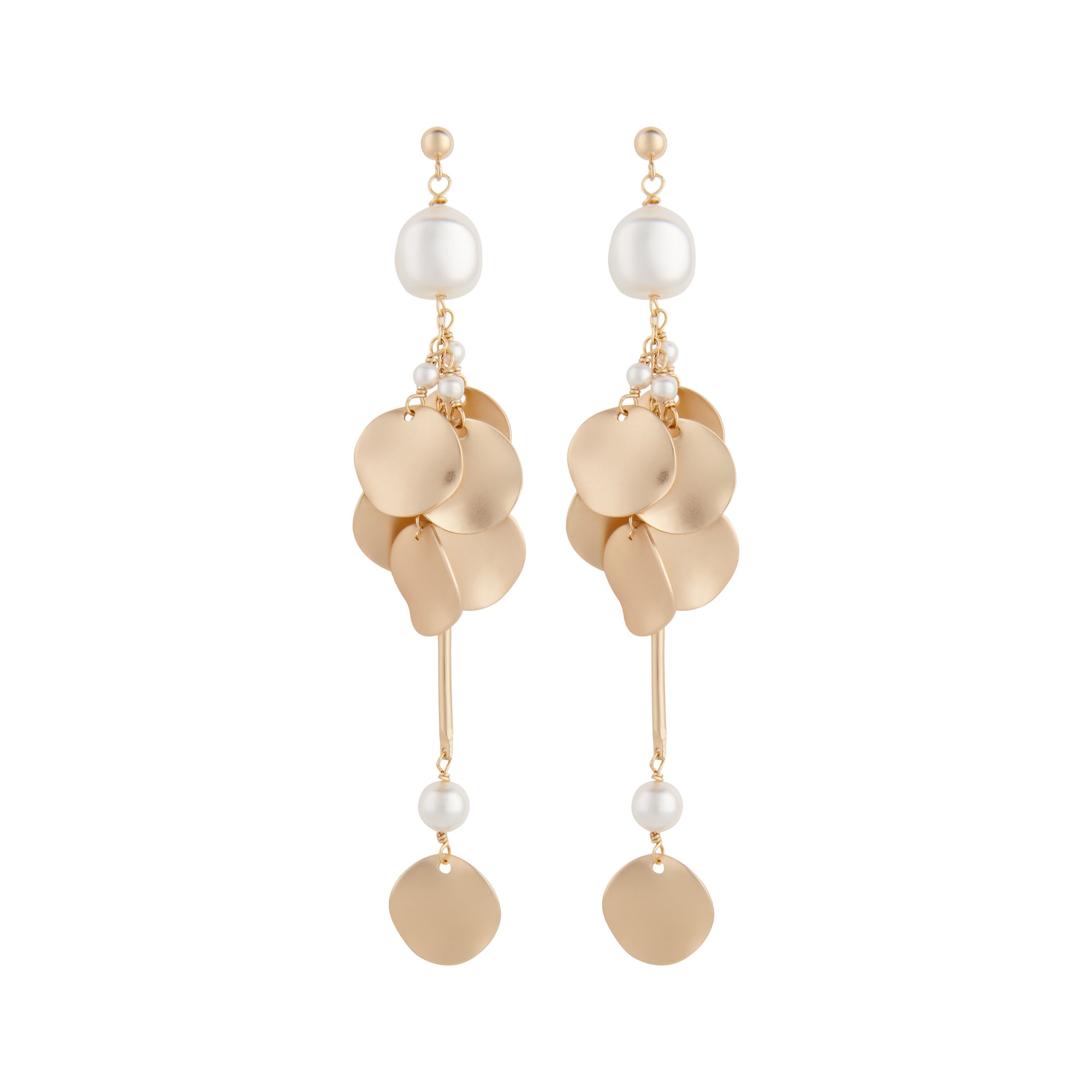 Matte gold ripple disc statement earrings with white pearls by vivien walsh