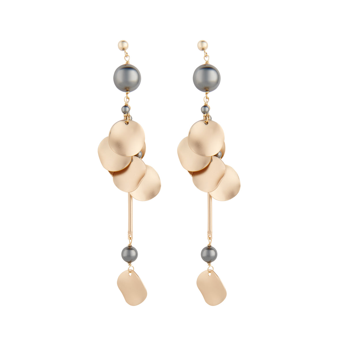 Matte gold ripple disc statement earrings with grey pearls by vivien walsh