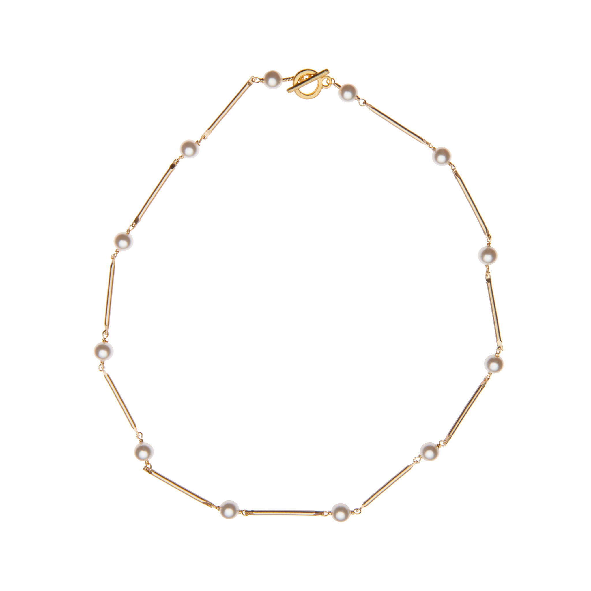 Matte gold bar necklace with white pearls by vivien walsh