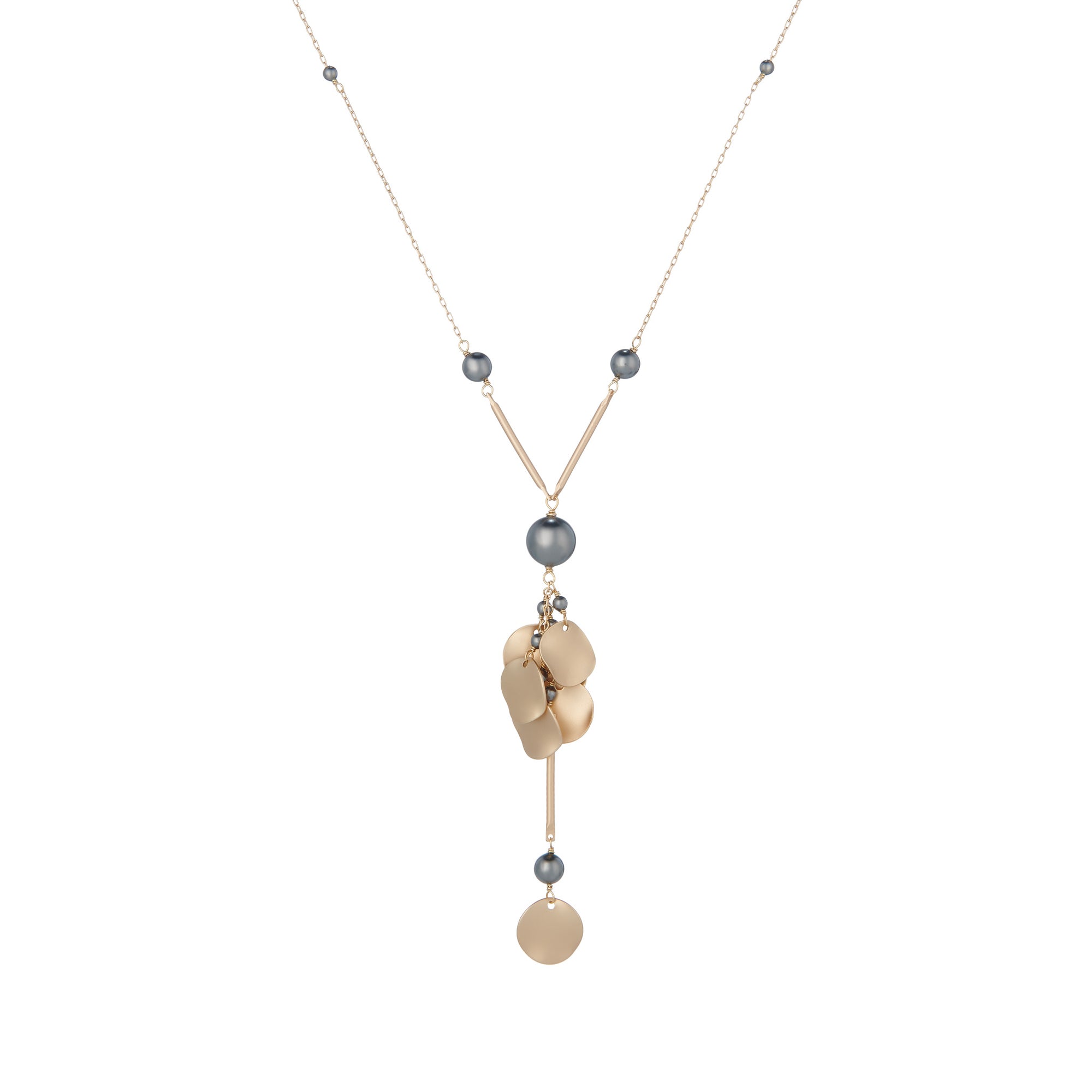 Matte gold ripple disc cluster pendant with grey pearls by vivien walsh